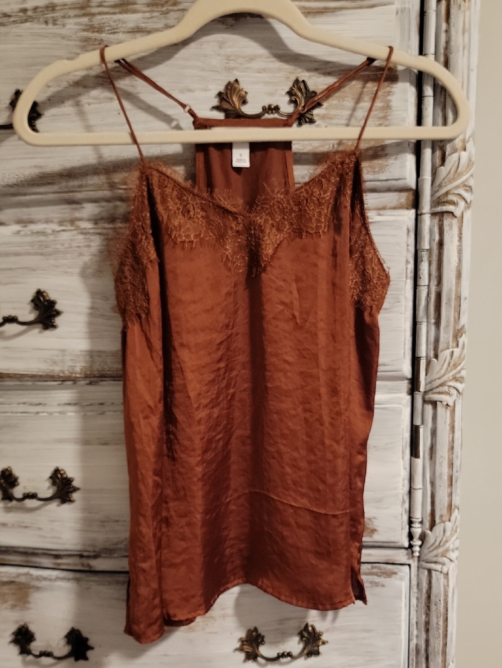 Nine West Rust Brown Satin Lace-Trim Camisole